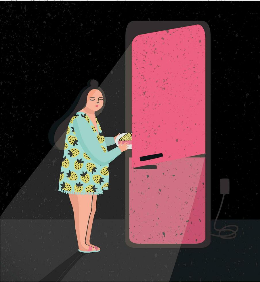 vistoso ilustración presentando tarde noche refrigerador Redada. soñoliento mujer es tomando fuera tarta desde refrigerador. comiendo a noche. dibujos animados vector ilustración.