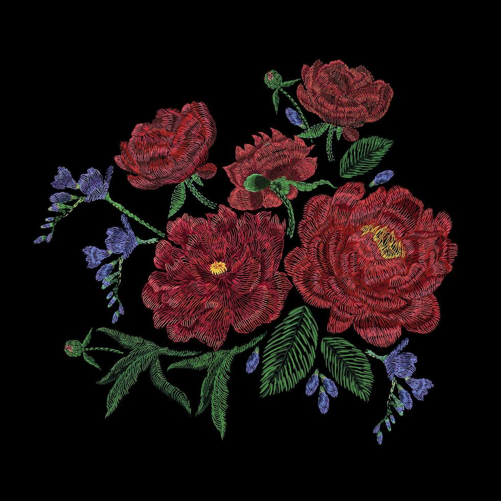 Embroidered composition with peonies, wild and garden flowers, buds and leaves. Satin stitch embroidery, floral design on black background. Folk line trendy pattern for clothes, dress, fabric, decor. vector
