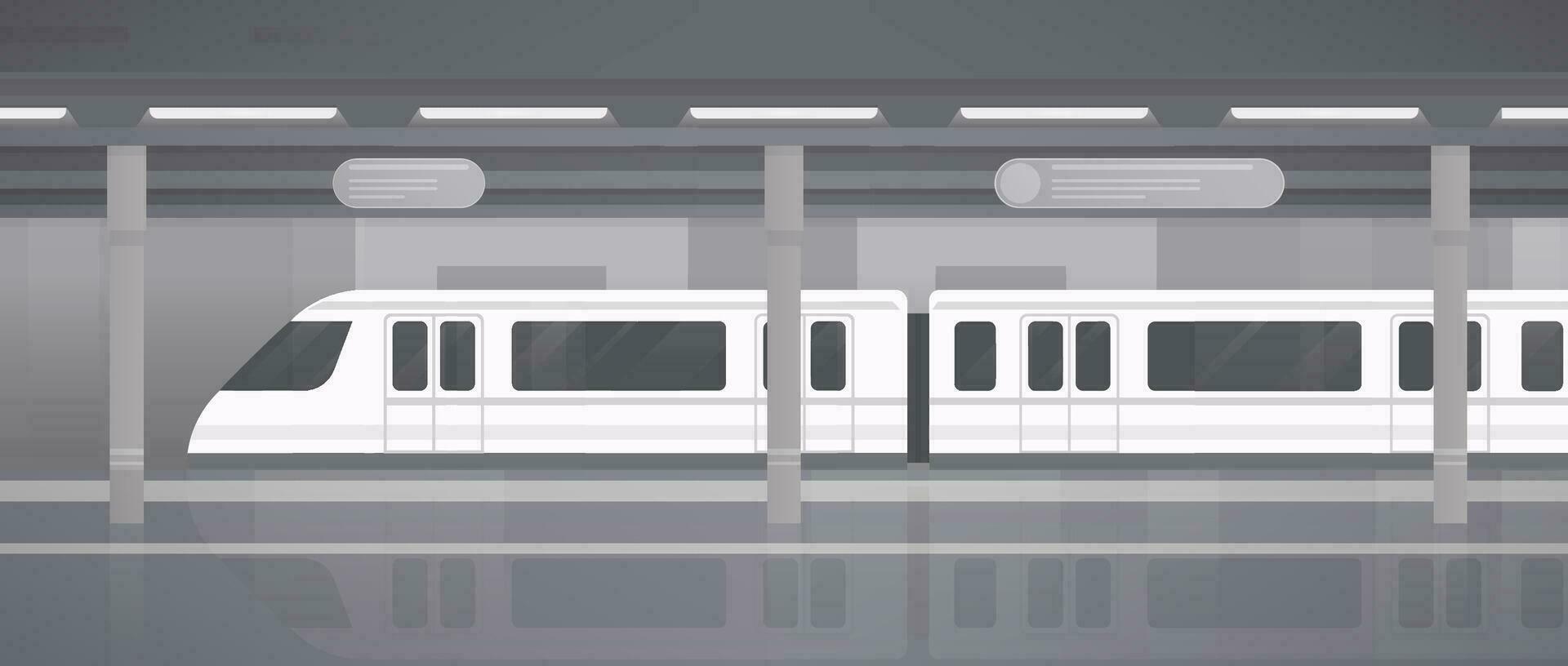 subterraneo, subterráneo plataforma con moderno tren. horizontal monocromo vector ilustración en plano estilo.