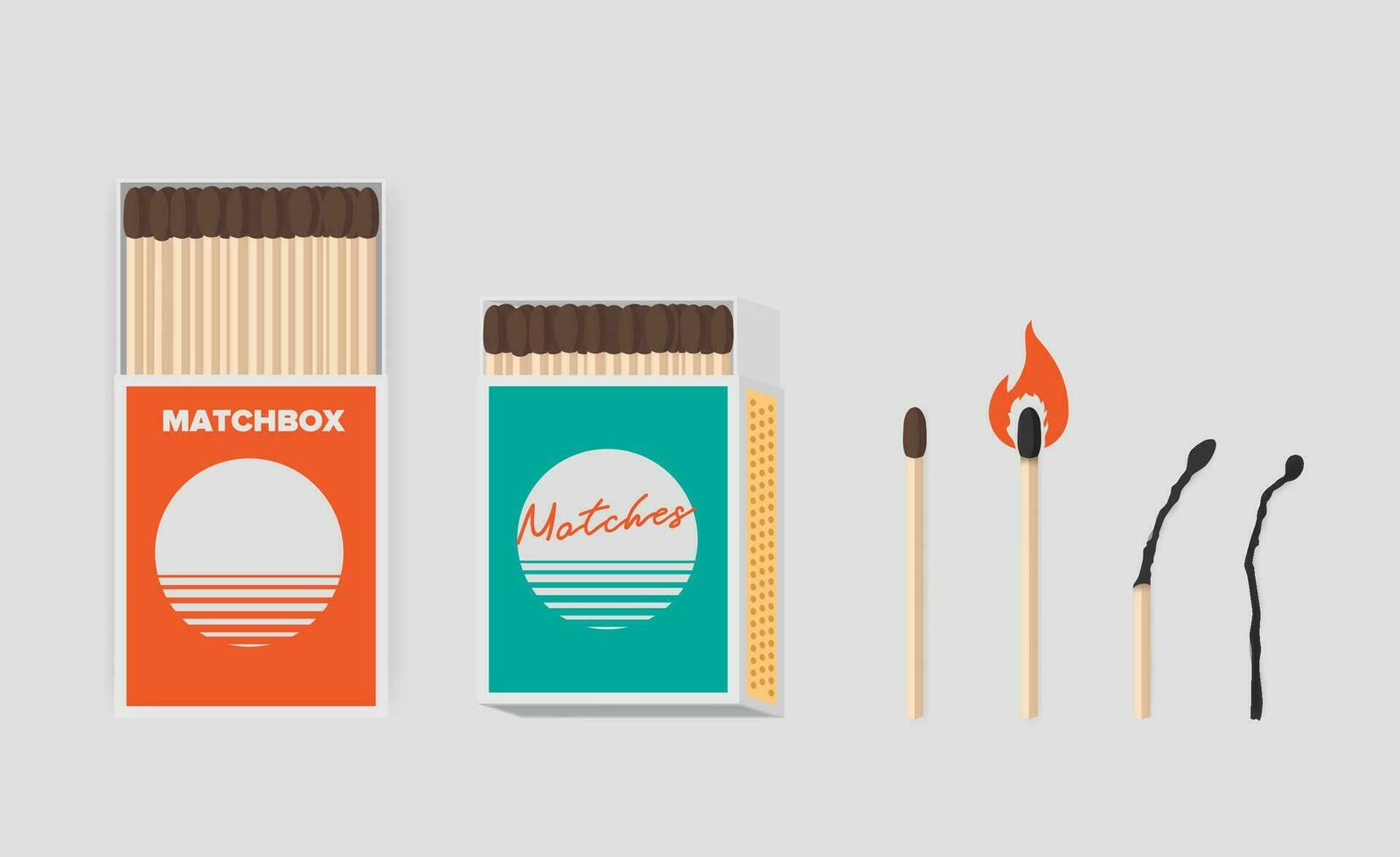 Match and matchbox set. Sticks in open cardboard packs. Matchstick with sulfur, burning and burned. Colorful flat vector illustration.