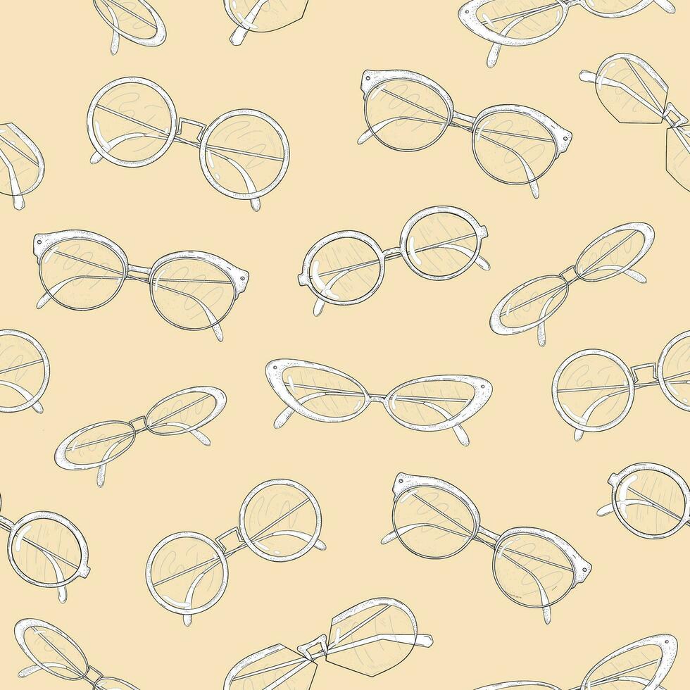 Fashionable spectacles seamless pattern. Cat points, cat glasses, circle and oval shape eyeglasses. Black and white vector illustration on light background.