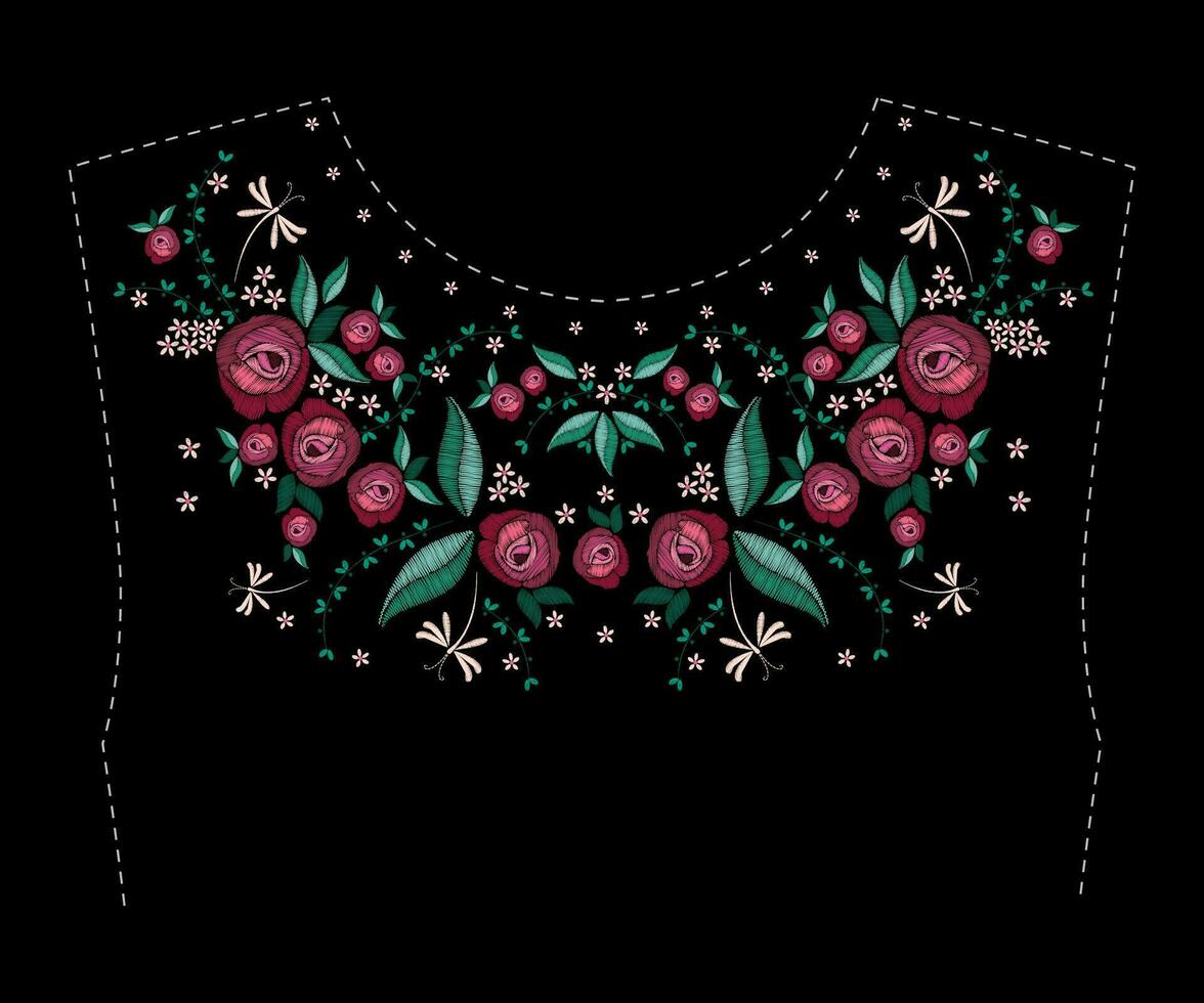 Satin stitch embroidery design with flowers. Folk line floral trendy pattern for dress collar. Ethnic fashion ornament for neck on black background. Colorful vector illustration.