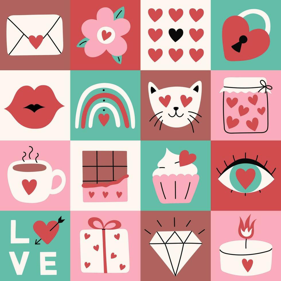 mosaico sin costura modelo para San Valentín día. geométrico antecedentes con amor simbolos diseño para saludo tarjeta, envase papel o póster vector