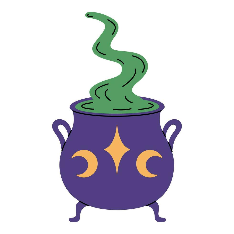 Purple witches cauldron with brewing green potion isolated on white background. Pot with star and moons. Witchcraft vector flat illustration