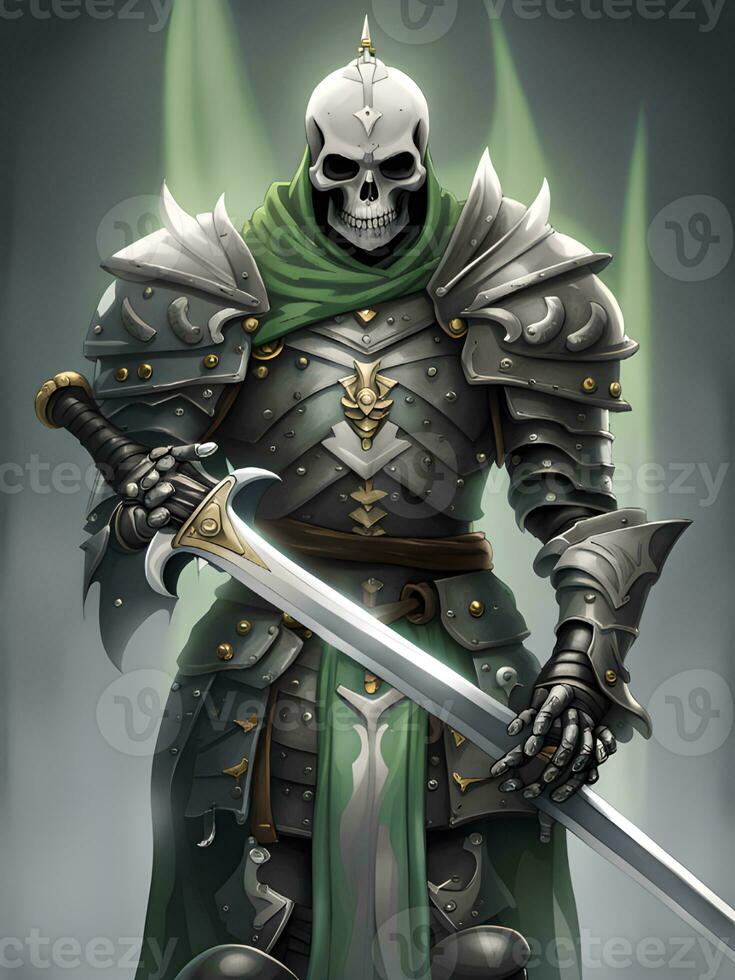 AI generated cartoon character of a samurai with a skull in his hands and a sword. photo