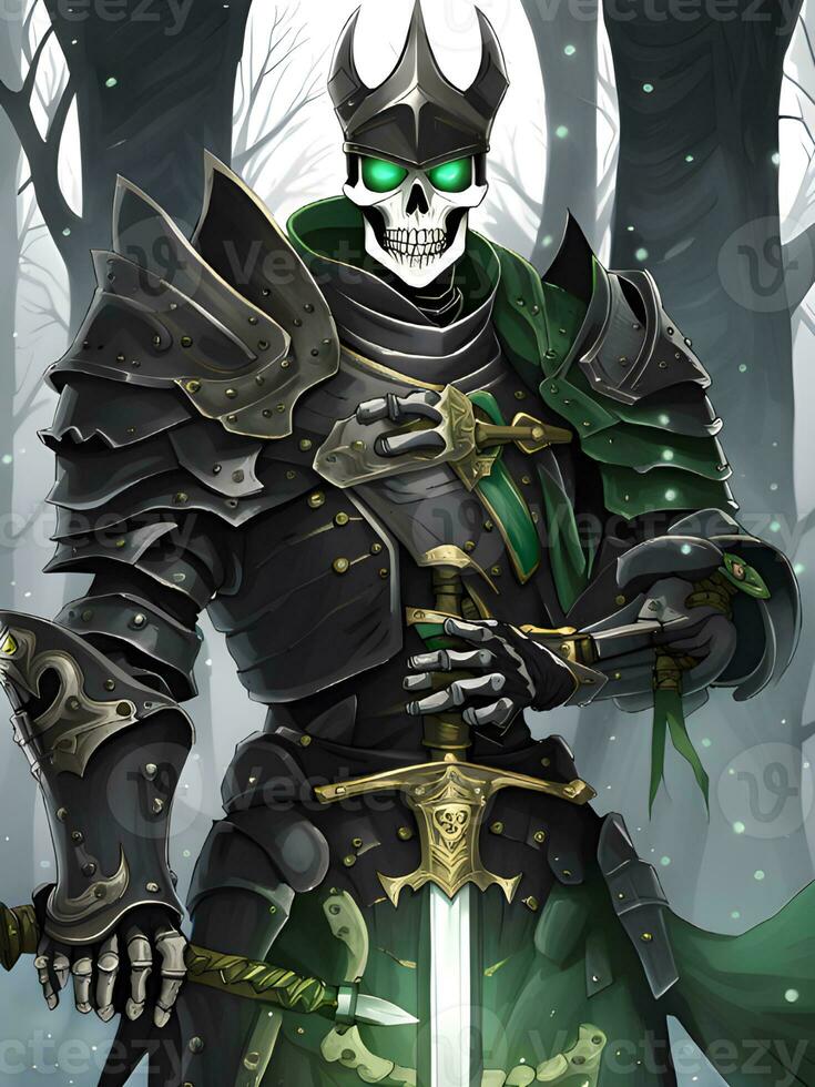 AI generated cartoon character of a samurai with a skull in his hands and a sword. photo