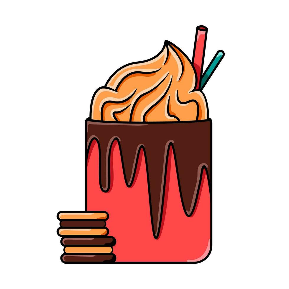 jarra de café con caramelo crema y Galleta. caliente bebida en línea Arte estilo. vector ilustración aislado en un blanco antecedentes.