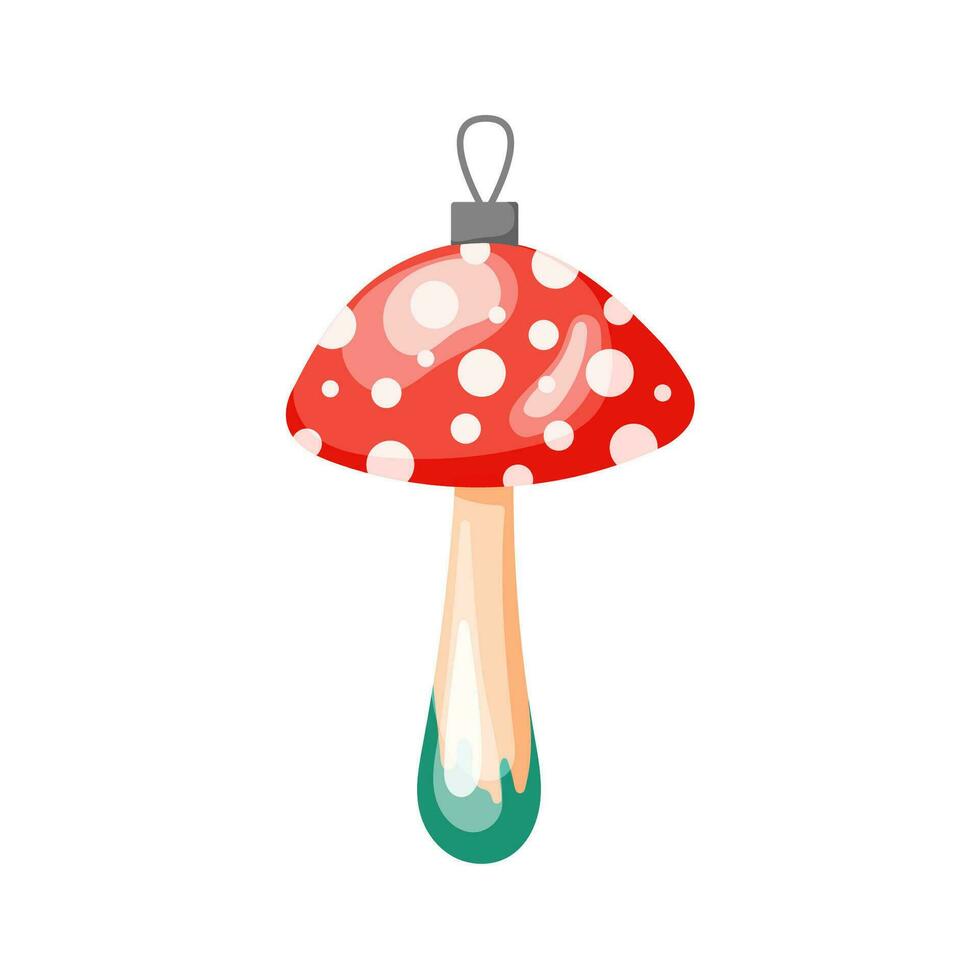 Christmas tree toy in shape of fly agaric on rope. Cartoon style. Vector illustration isolated on a white background.