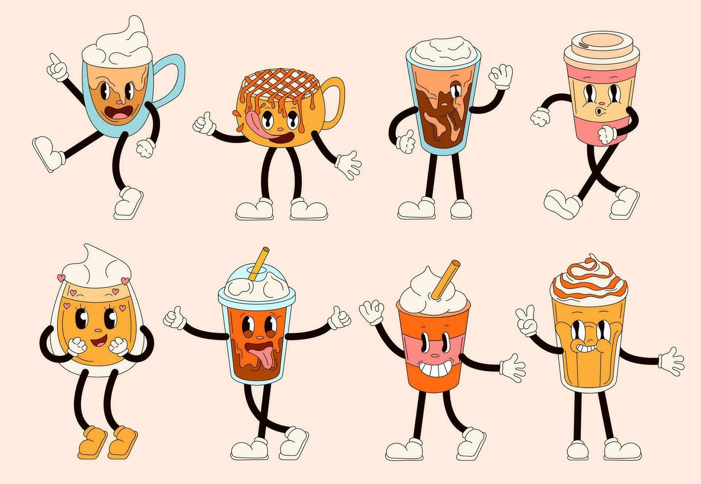 Groovy drinks characters in retro cartoon style. Comic characters in shape of coffee cup, cappuccino, latte with happy smile faces. Vector illustration isolated.