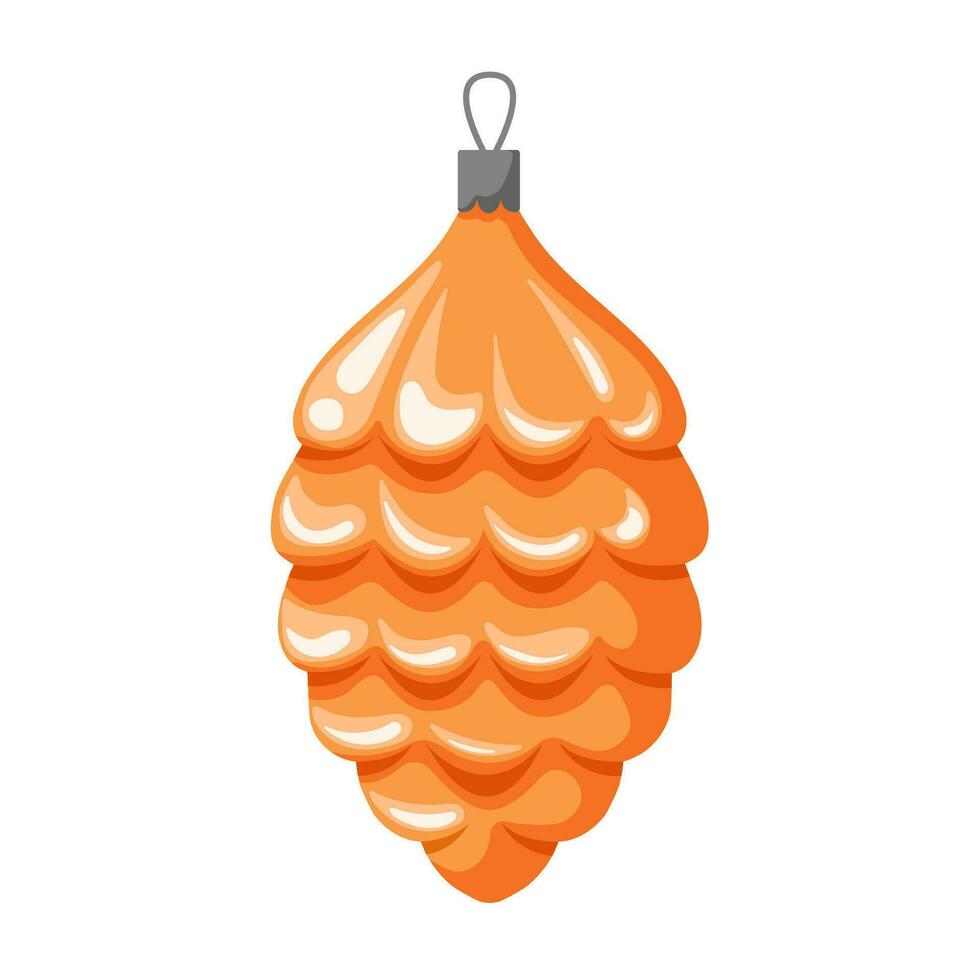 Christmas tree toy in the shape of a pine cone. Classic festive gold bright decor. Cartoon style. Vector illustration isolated on a white background.