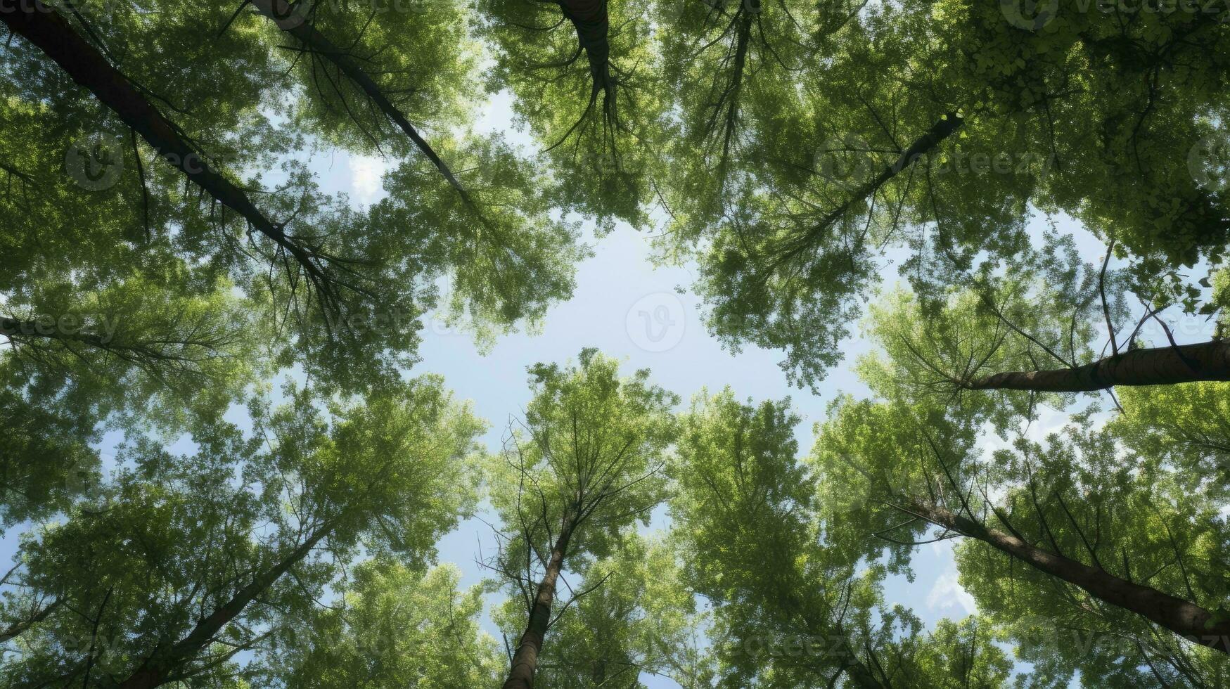 Looking up at the green tops of trees, Generative AI photo