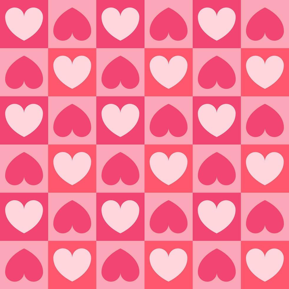 seamless pattern checkered with pink hearts, abstract square geometric background, valentine's day, modern retro design for wallpaper, print, flat design, square shape, vector illustration