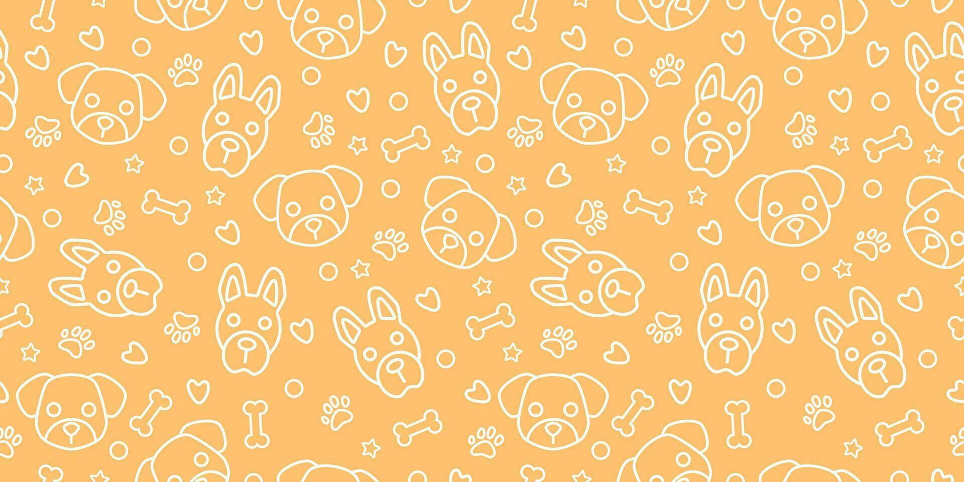 dog seamless pattern with footprint, paw, hearts, bones, balls, stars, pet shop, prints, social media posts, animal product design, hand drawn, kawaii doodle style, vector illustration