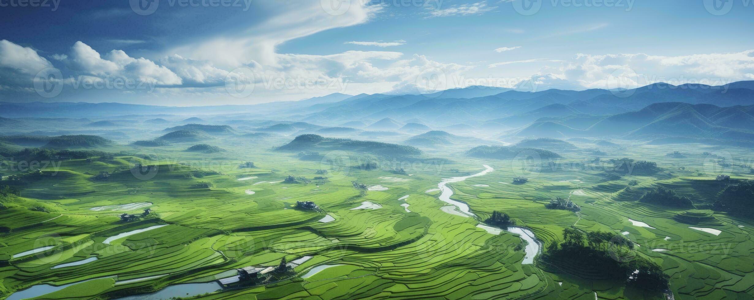 An aerial view of a vast and lush rice field, Generative AI photo