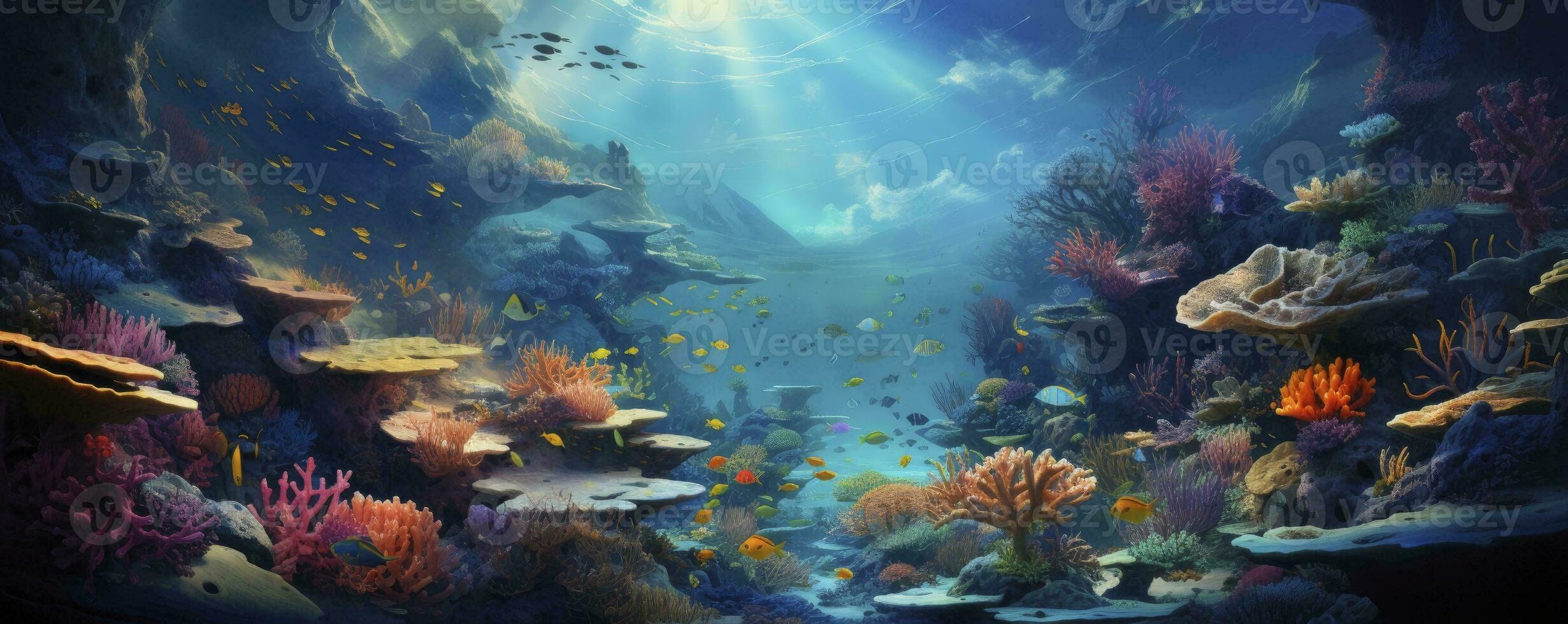 beautiful underwater scenery with various types of fish and coral reefs, Generative AI photo