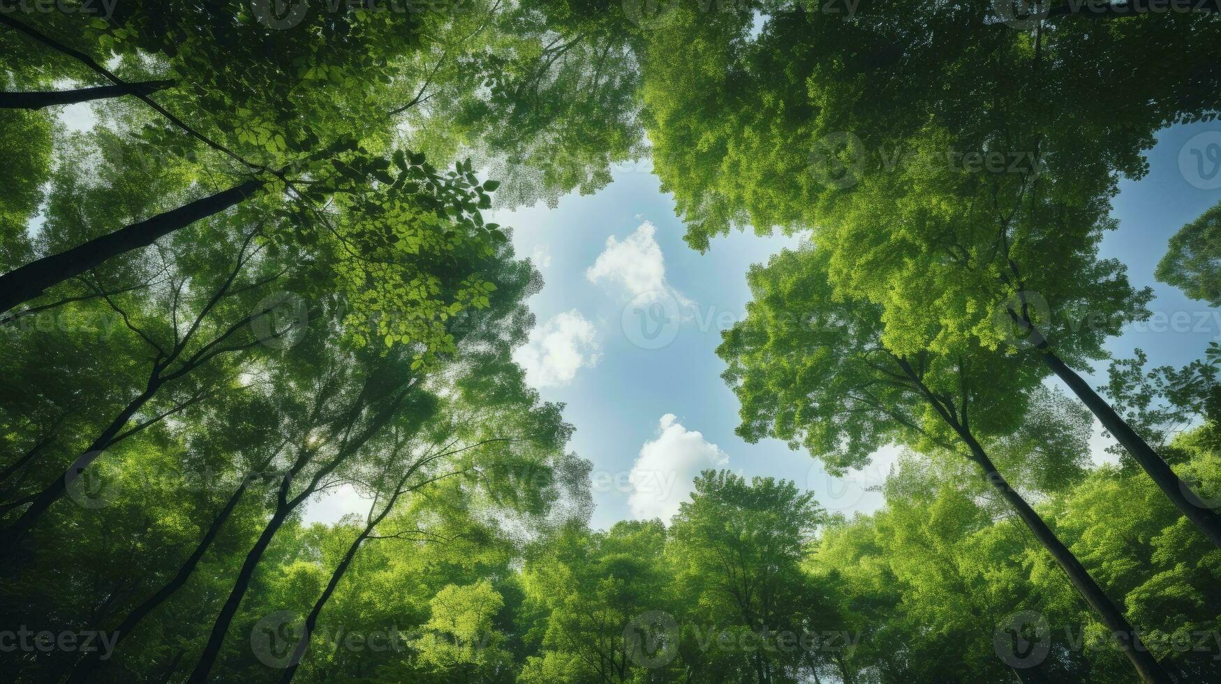 Looking up at the green tops of trees, Generative AI photo