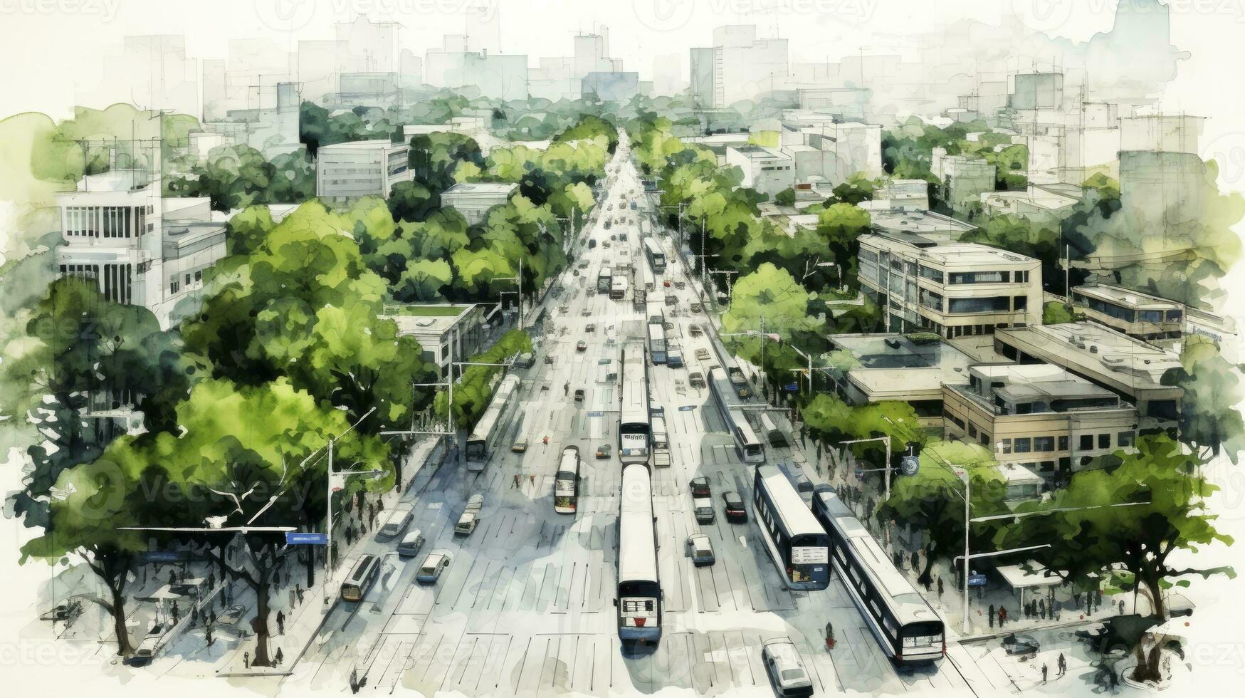 hand drawing of Urban planning sketch highlighting sustainable elements like green spaces, public transportation, and pedestrian zones, paper texture white background, Generative AI photo
