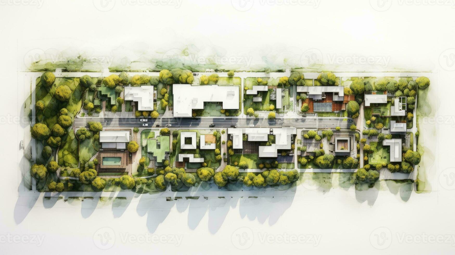 hand drawing of Urban planning sketch highlighting sustainable elements like green spaces, public transportation, and pedestrian zones, paper texture white background, Generative AI photo