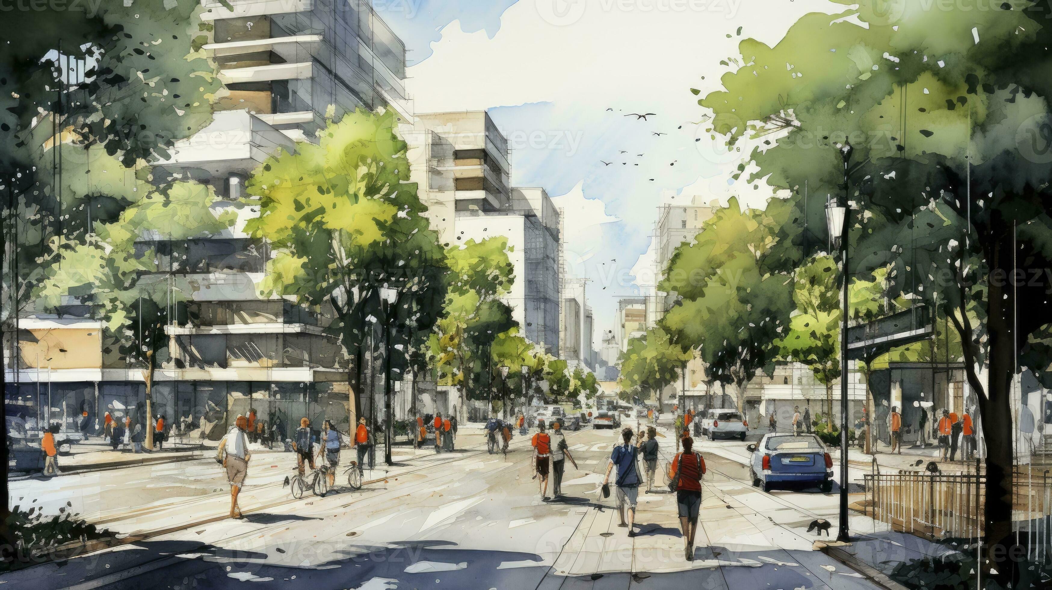 hand drawing of Urban planning sketch highlighting sustainable elements