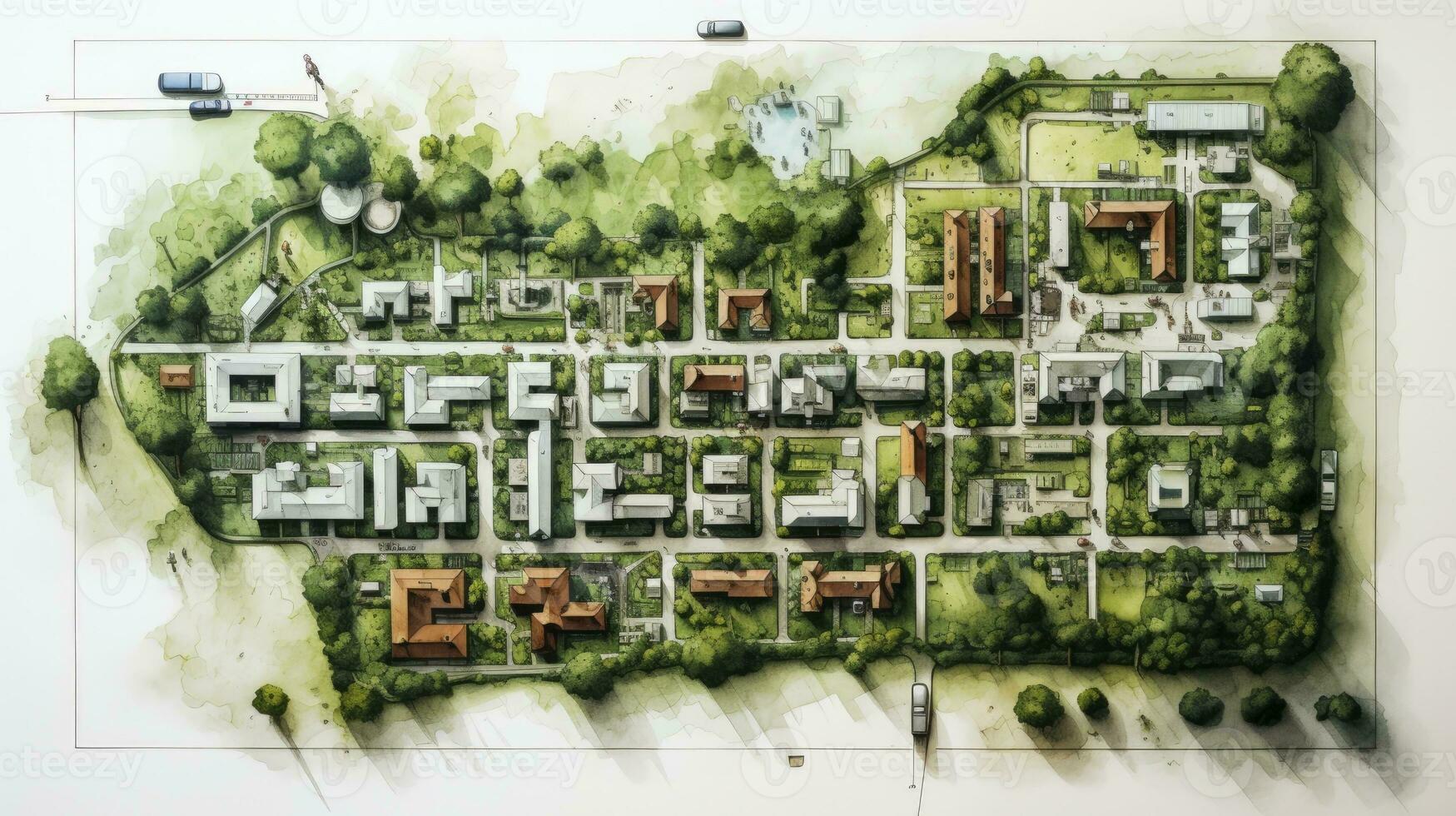 hand drawing of Urban planning sketch highlighting sustainable elements like green spaces, public transportation, and pedestrian zones, paper texture white background, Generative AI photo