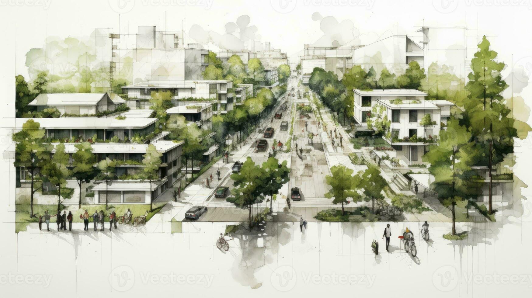 hand drawing of Urban planning sketch highlighting sustainable elements like green spaces, public transportation, and pedestrian zones, paper texture white background, Generative AI photo