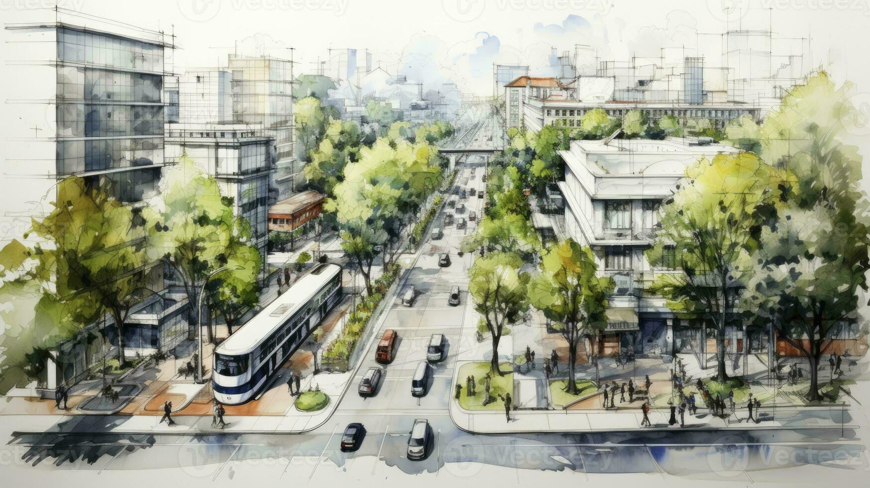 hand drawing of Urban planning sketch highlighting sustainable elements like green spaces, public transportation, and pedestrian zones, paper texture white background, Generative AI photo