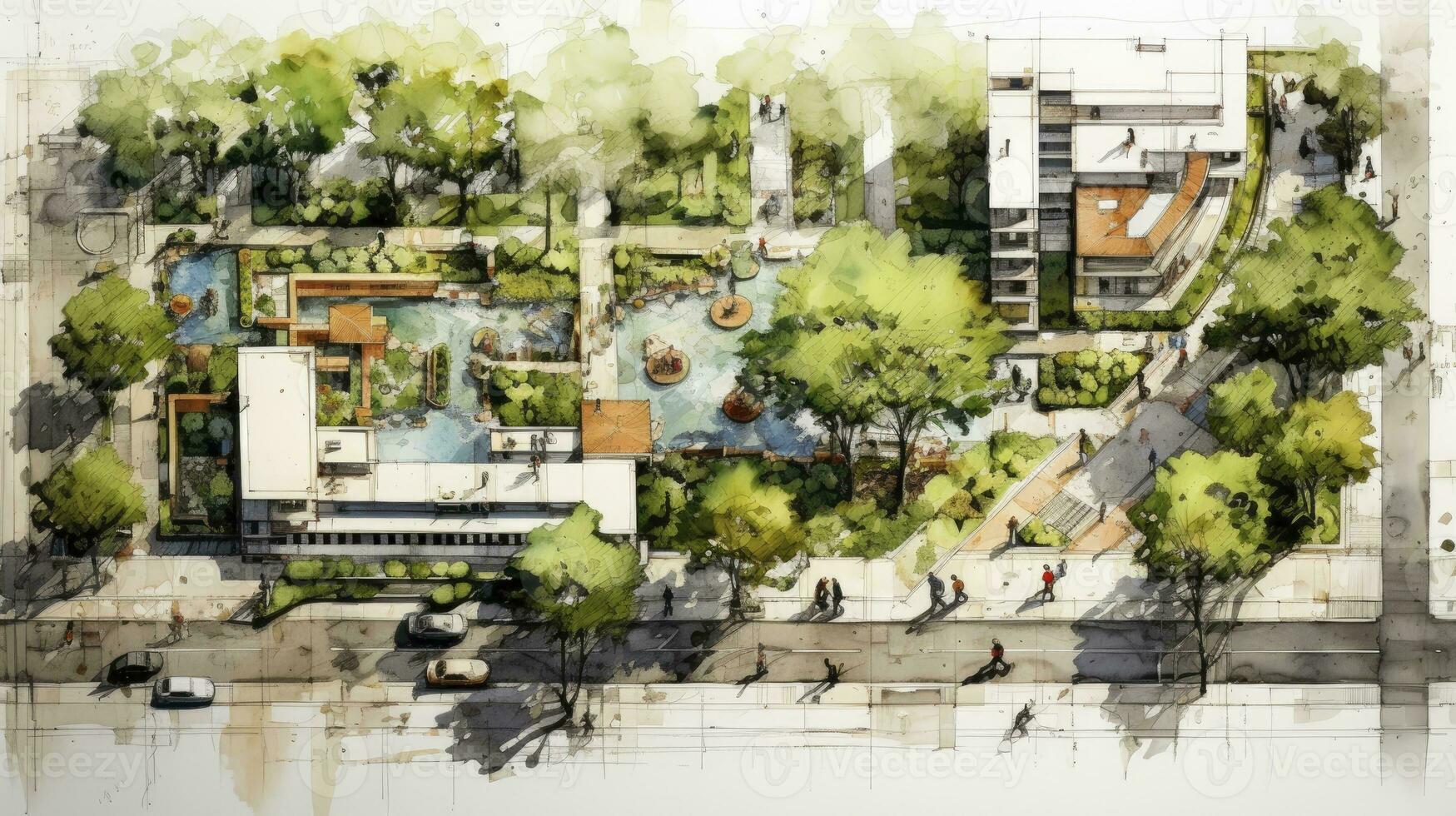 hand drawing of Urban planning sketch highlighting sustainable elements like green spaces, public transportation, and pedestrian zones, paper texture white background, Generative AI photo