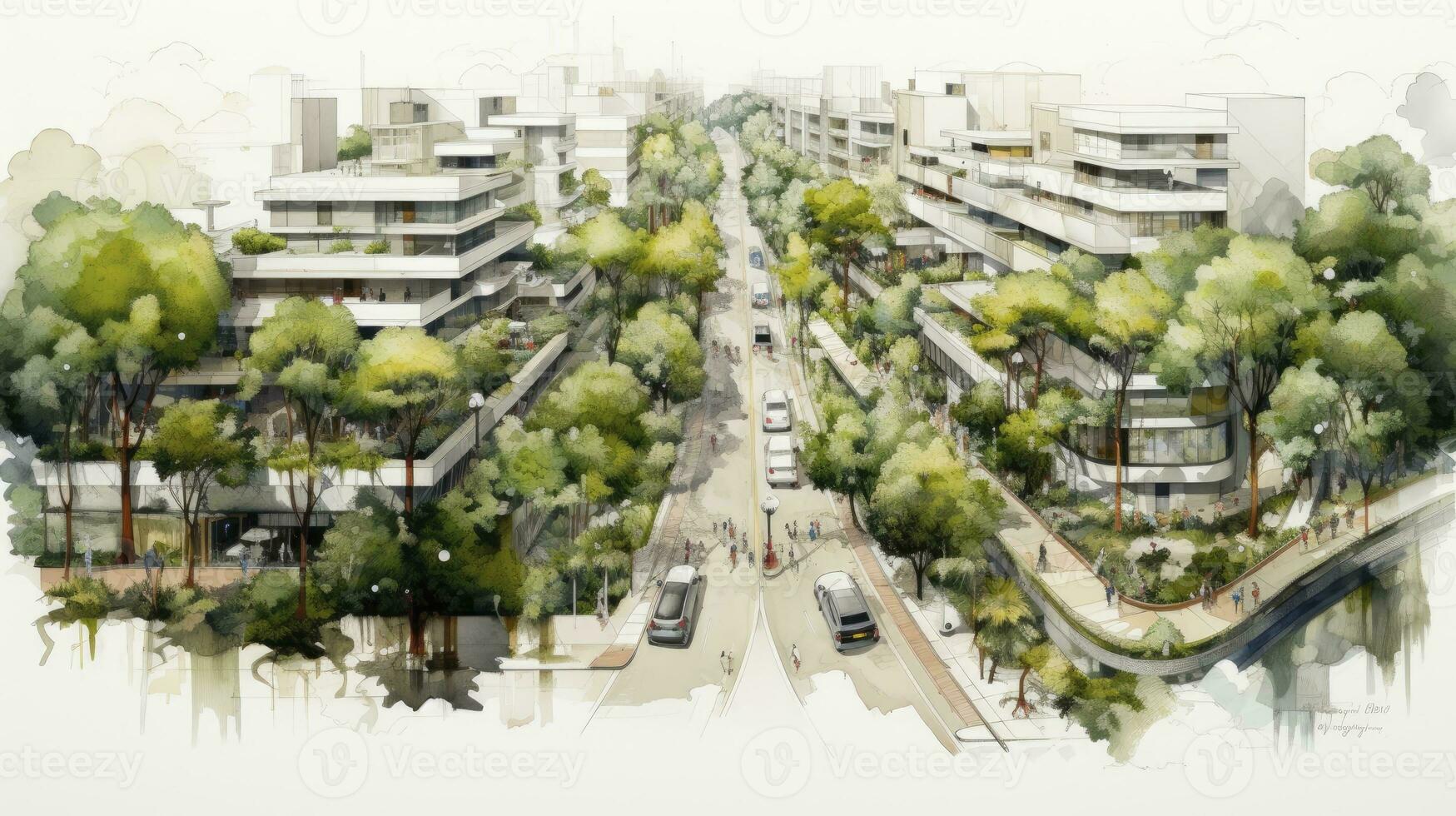 hand drawing of Urban planning sketch highlighting sustainable elements like green spaces, public transportation, and pedestrian zones, paper texture white background, Generative AI photo