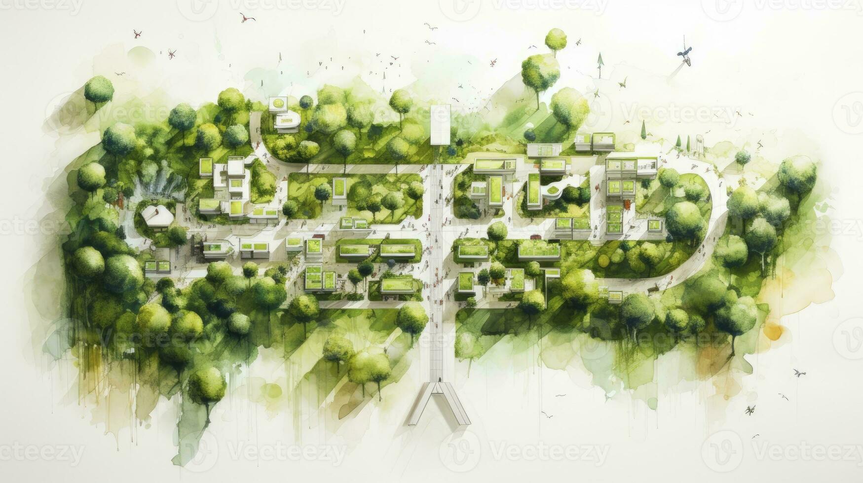 hand drawing of Urban planning sketch highlighting sustainable elements like green spaces, public transportation, and pedestrian zones, paper texture white background, Generative AI photo