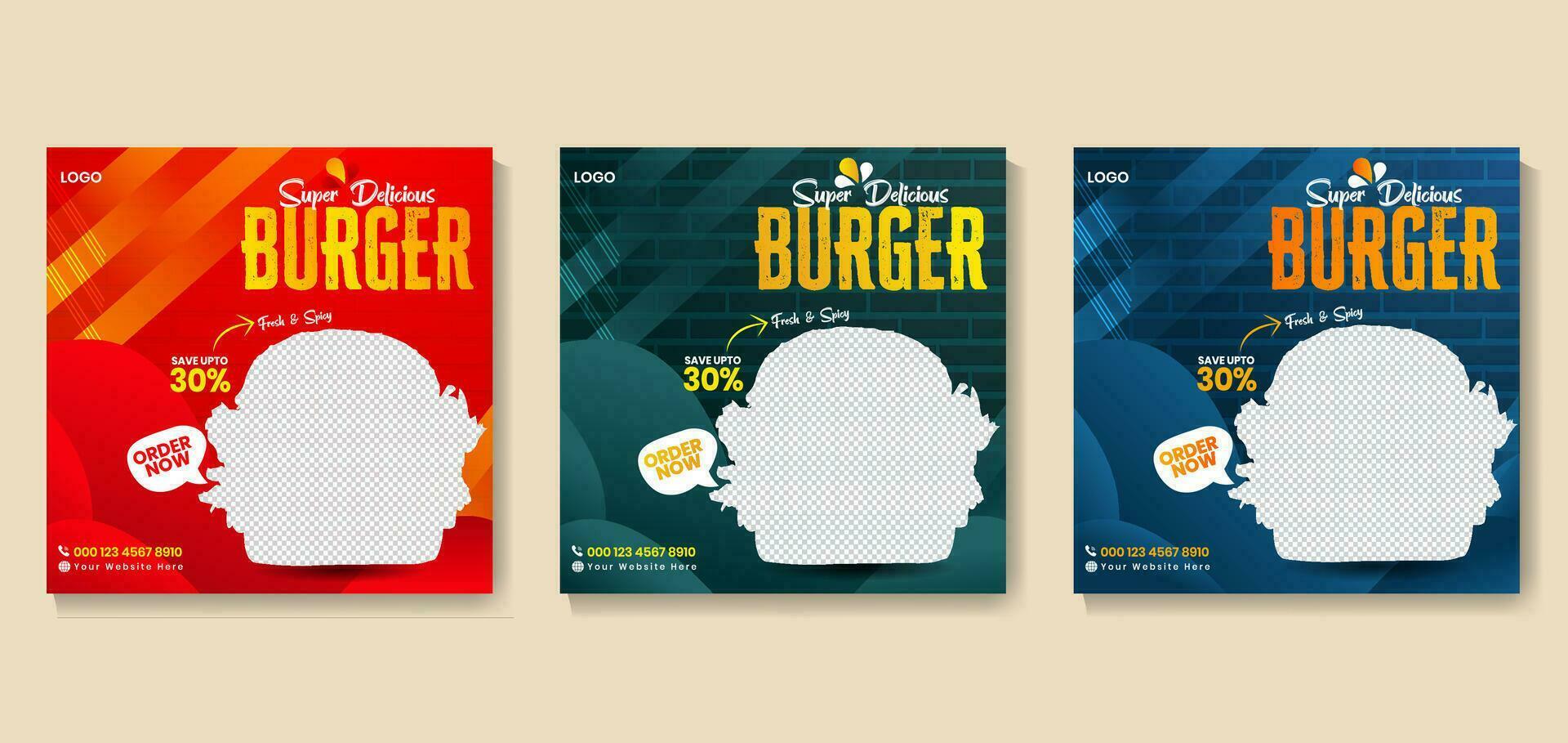 hamburguesa social medios de comunicación enviar modelo con sencillo mira y moderno concepto y haz set.folleto o póster diseño para en línea negocio promocion.super delicioso rápido comida social medios de comunicación enviar modelo. vector