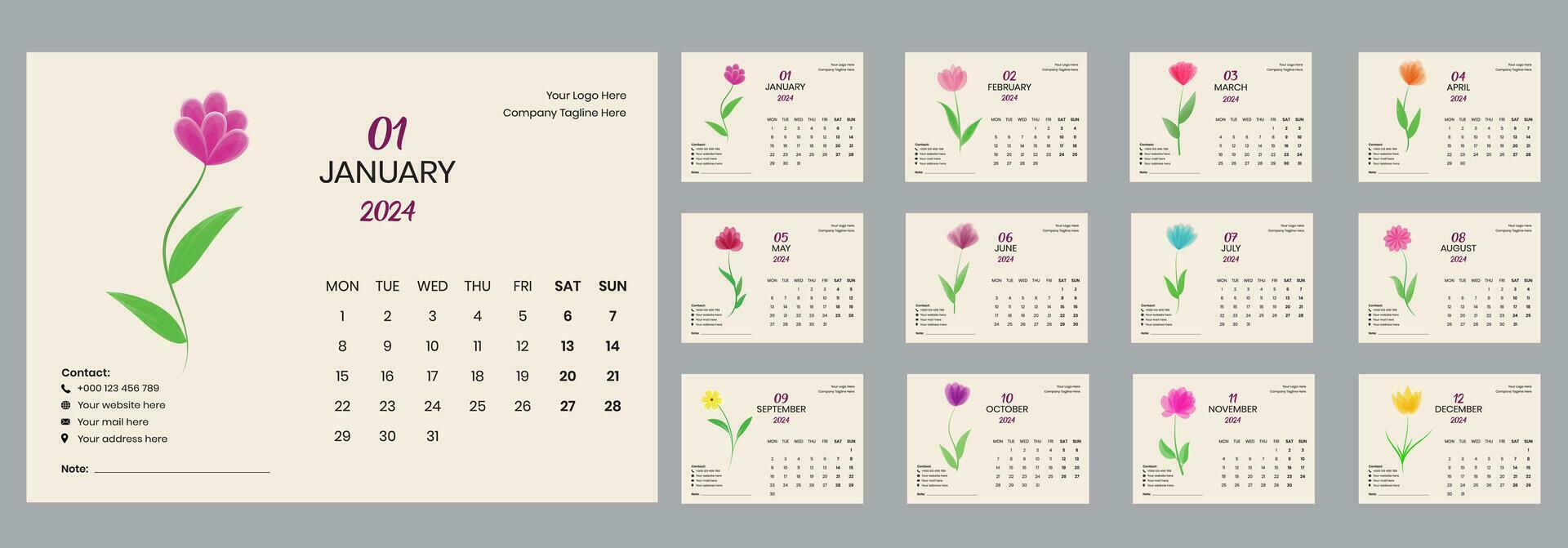 2024 Desk calendar template with printable creative beautiful flower vector design.Week Starts on Monday.