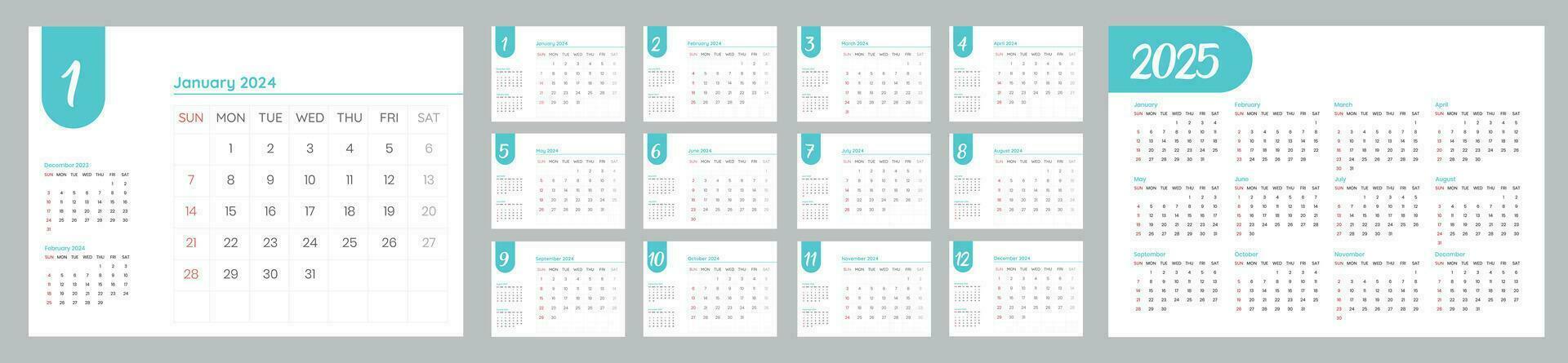 escritorio calandrar diseño 2024. semana empieza en domingo. calendario año 2025 en espalda página . sencillo y limpiar estilo vector diseño en corporativo o negocio usar.