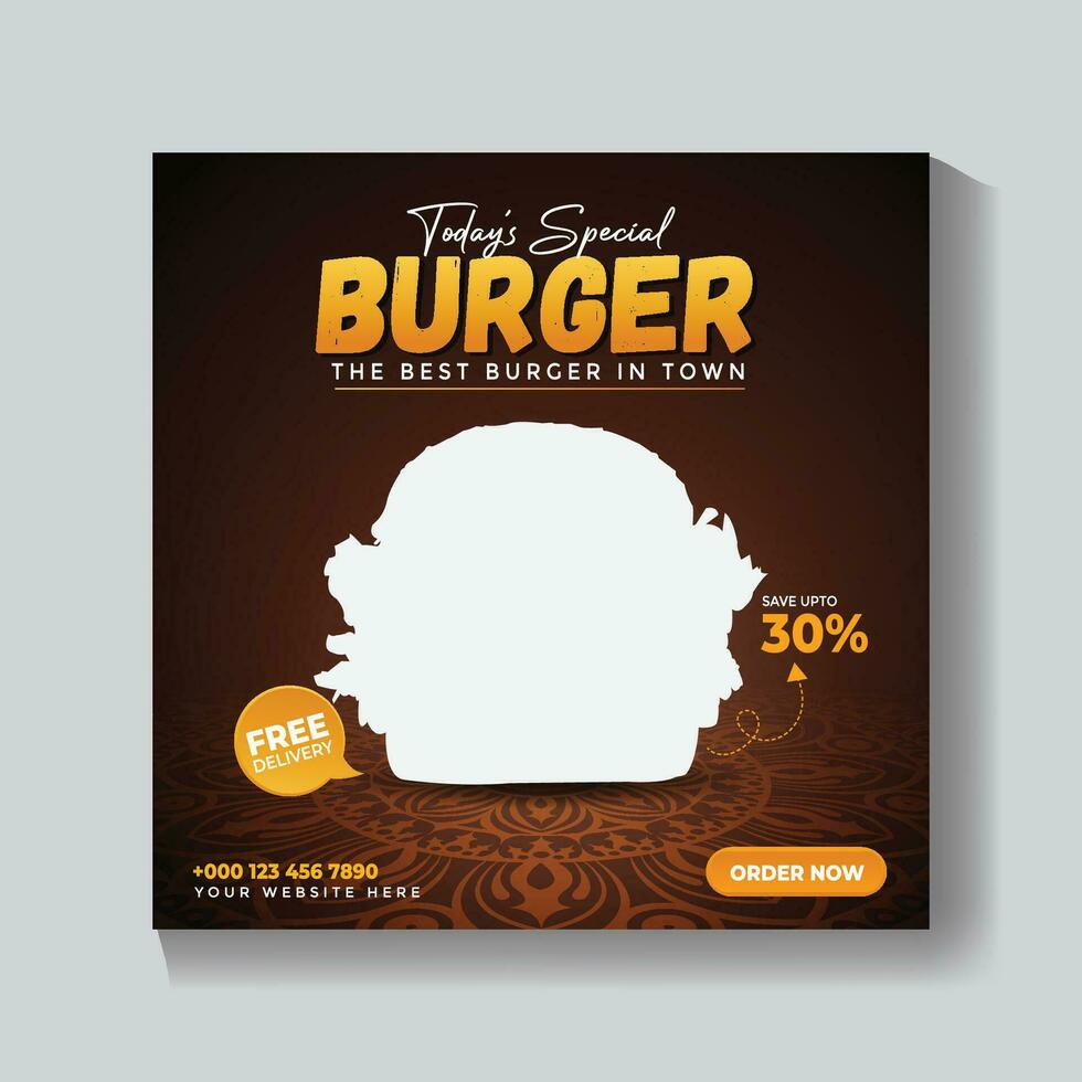 Burger social media post template.Colorful background Burger social media post template design for food post.Suitable for Social Media Post restaurant and Super Delicious Burger Design. vector