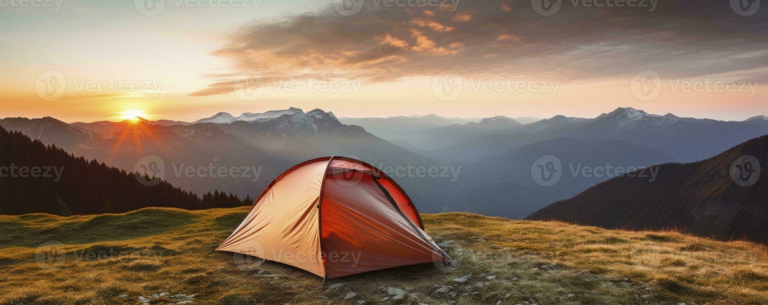 tent at Mountain landscape at sunset, Generative AI photo