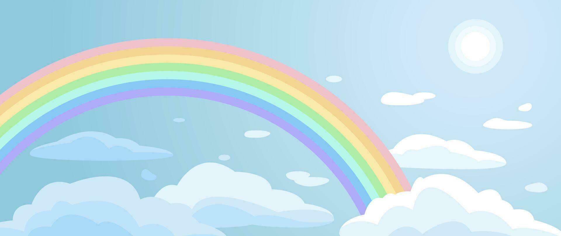 Blue sky background, with sun, clouds and rainbow. Vector illustration for cover, banner, poster, web and packaging.