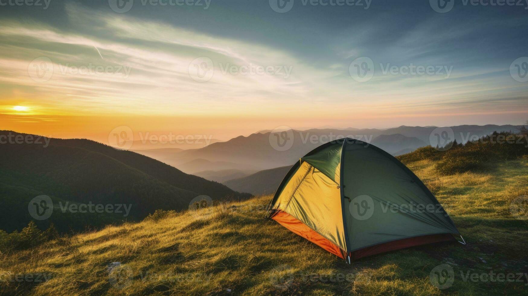 tent at Mountain landscape at sunset, Generative AI photo