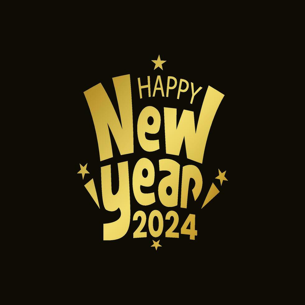 Happy new year gold color typography design on black background. Custom typography design with happy new year 2024. Celebrating new year banner, template, poster, greeting card. vector