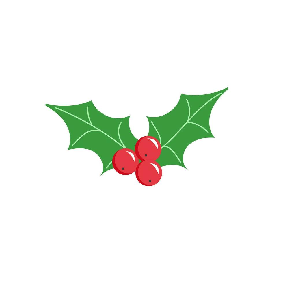 Holly berry icon. Green leaves and red berries mistletoe. Symbol of Christmas. Isolated on white background. Vector illustration