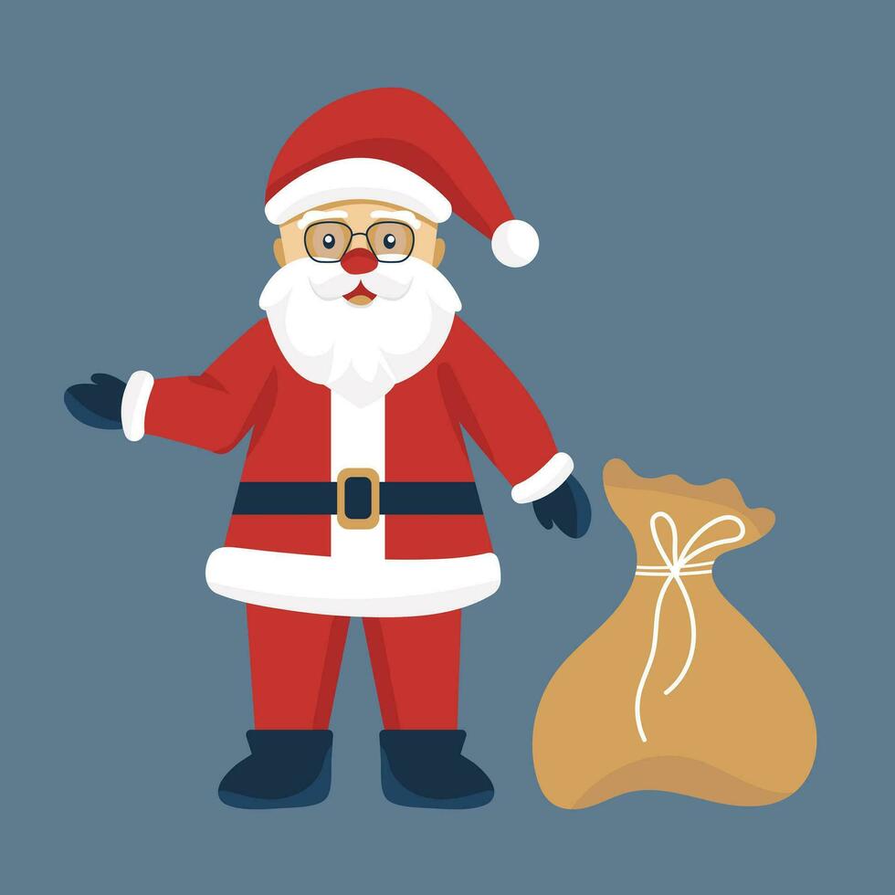 Smiling Santa Claus with bag of gifts. Christmas card with Santa on blue background, xmas icon and symbol winter holiday. Vector illustration