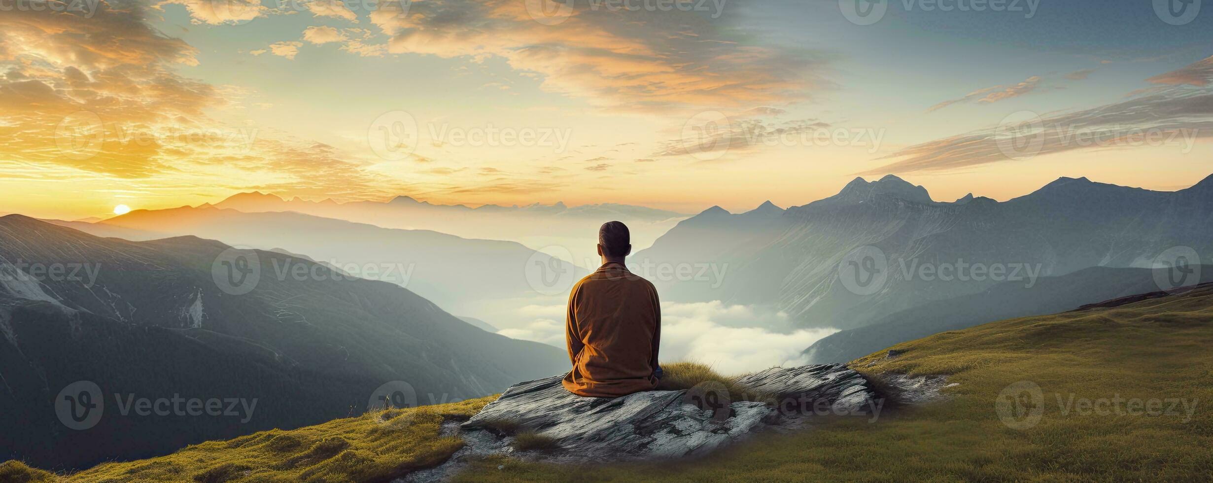 meditation at Mountain landscape at sunset, Generative AI photo