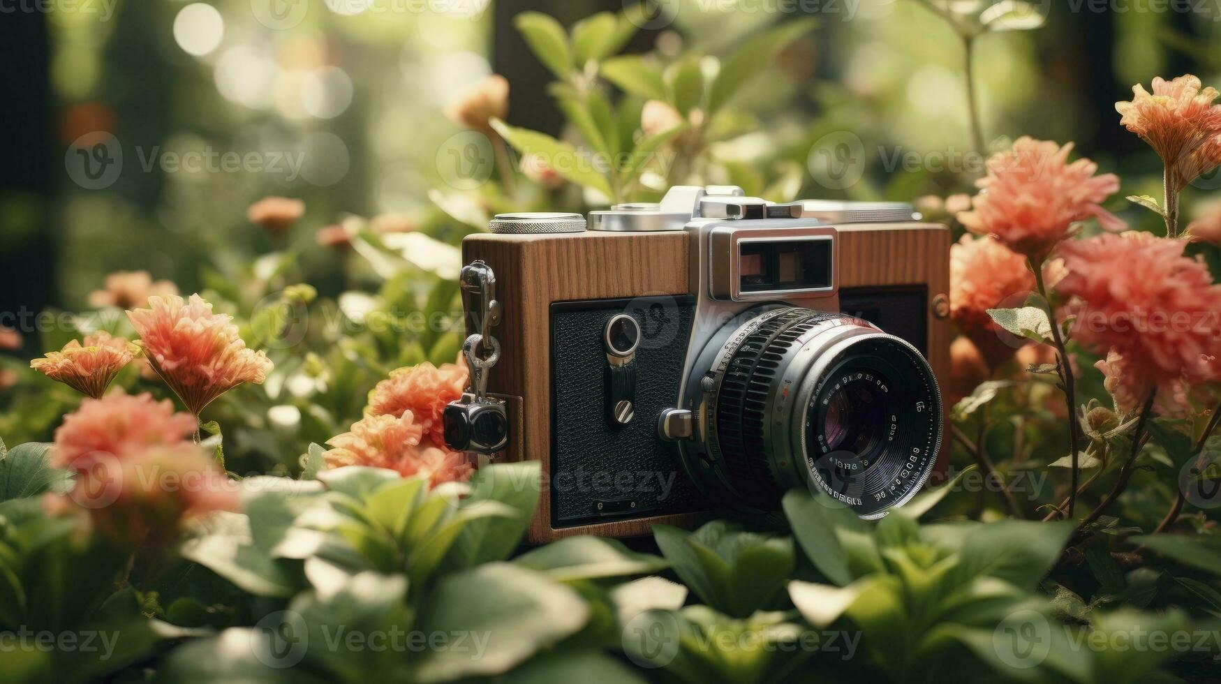 film camera with nature background, copy space, Generative AI photo