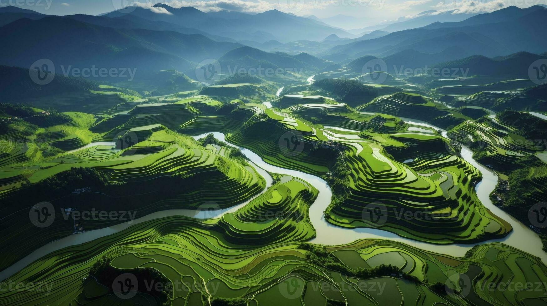 An aerial view of a vast and lush rice field, Generative AI photo