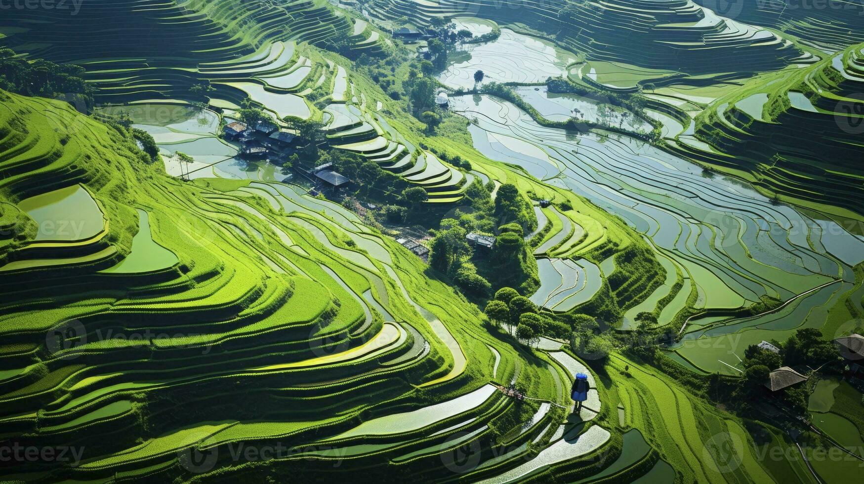 An aerial view of a vast and lush rice field, Generative AI photo