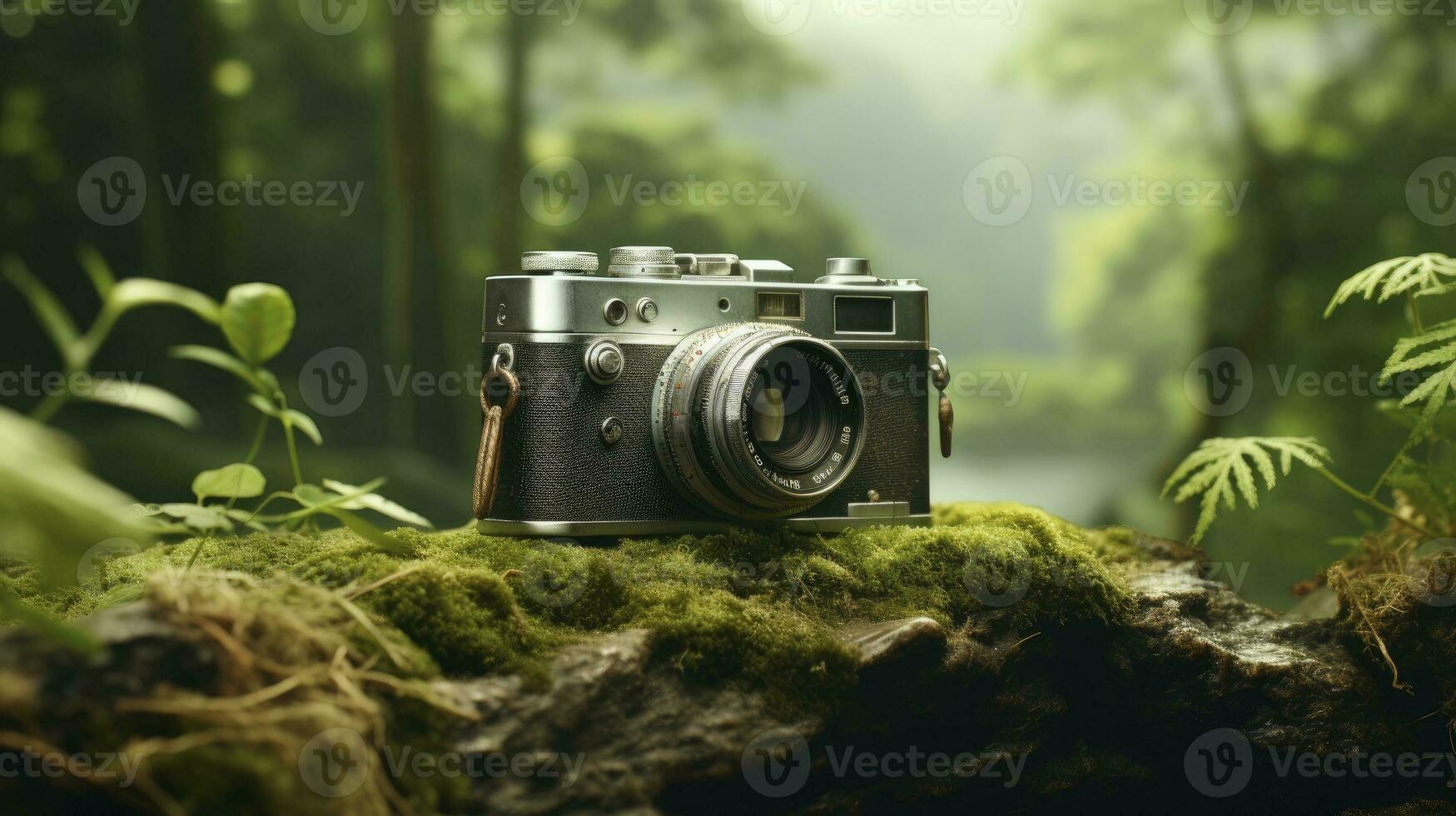 film camera with nature background, copy space, Generative AI photo