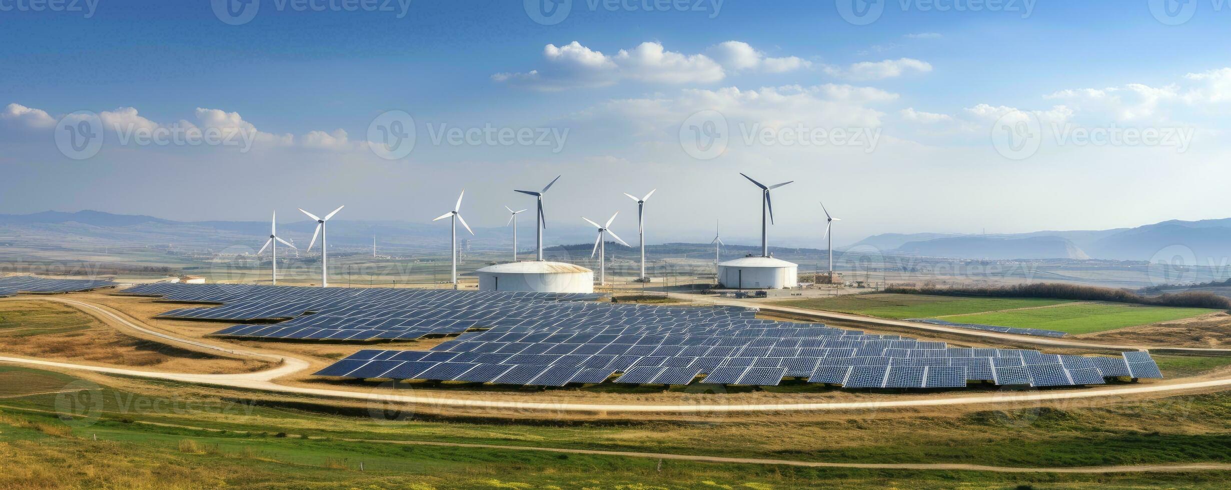 Environmentally installation of photovoltaic power plant and wind turbine farm situated by landfill.Solar panels farm built on a waste dump and wind turbine farm. Renewable energy source photo