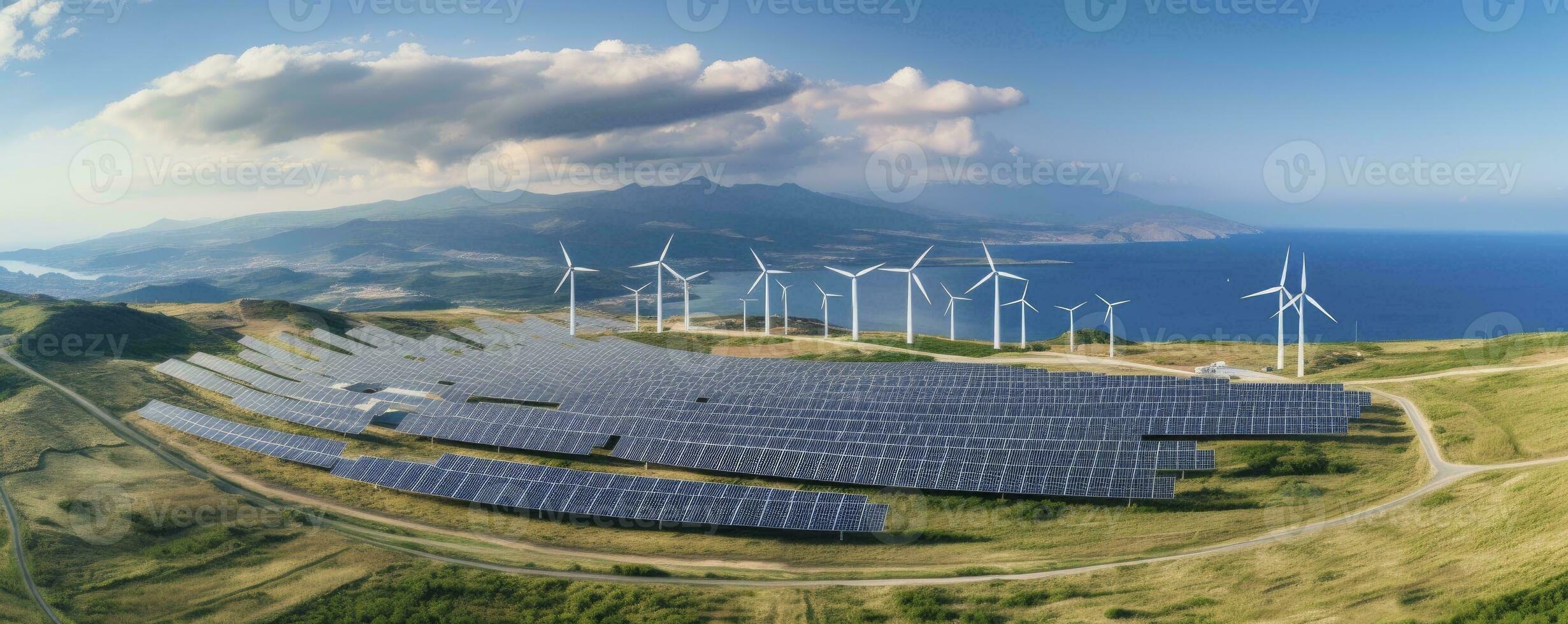 Environmentally installation of photovoltaic power plant and wind turbine farm situated by landfill.Solar panels farm built on a waste dump and wind turbine farm. Renewable energy source photo