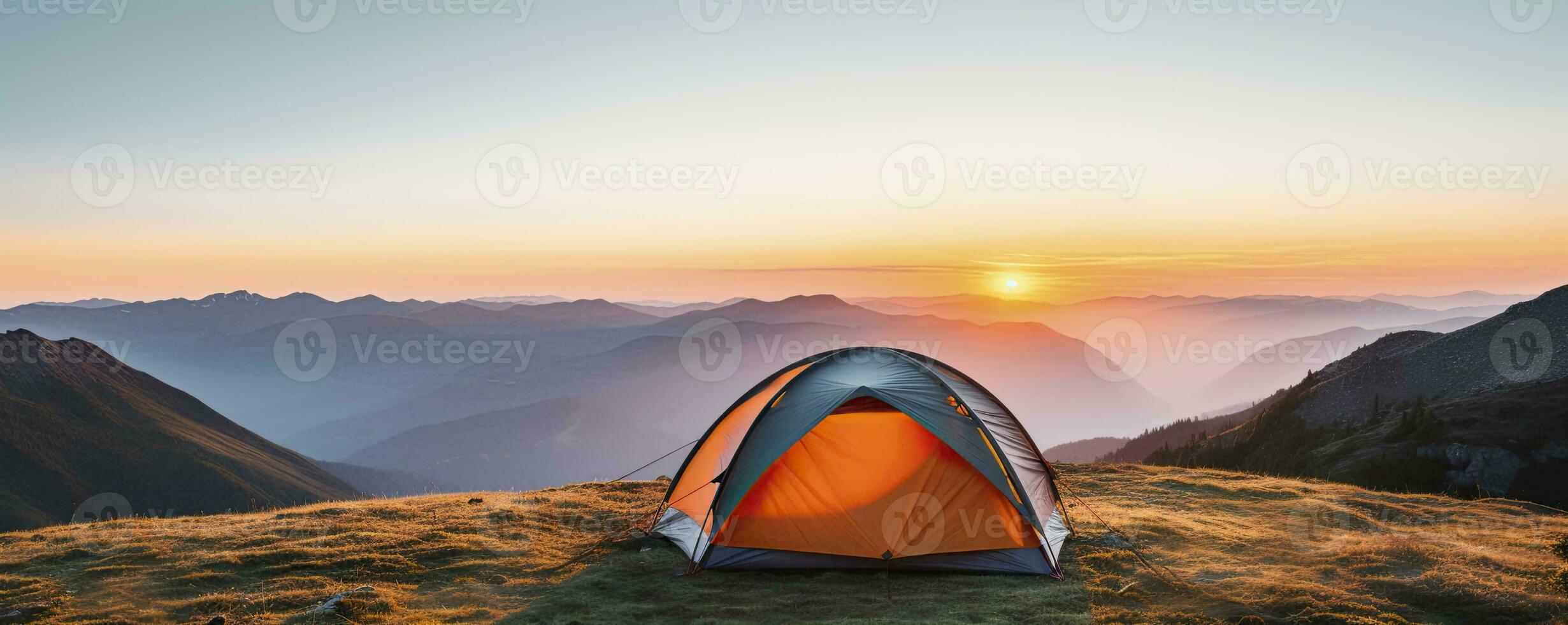 tent at Mountain landscape at sunset, Generative AI photo