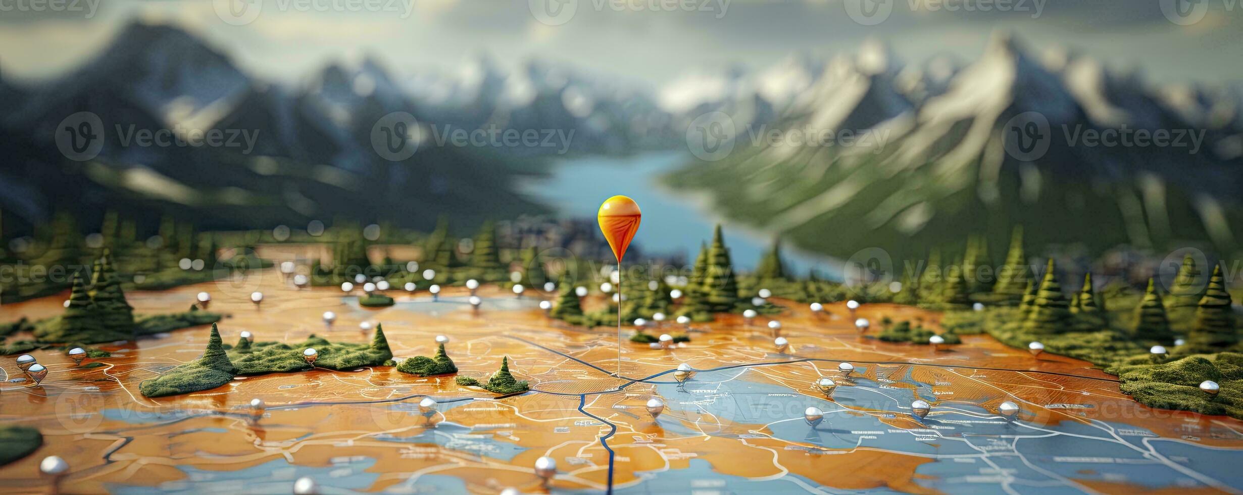 Find your way. Location marking with a pin on a map with routes. Adventure, discovery, navigation, communication, logistics, geography, transport and travel theme concept background, Generative AI photo