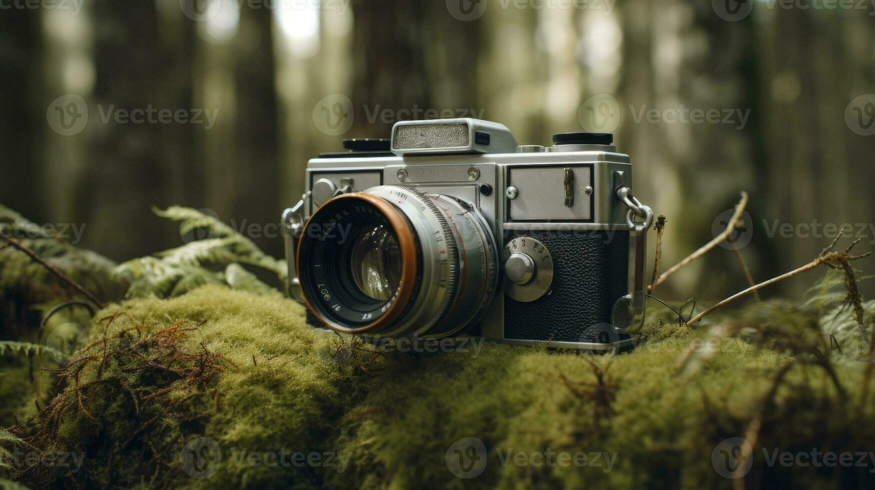 film camera with nature background, copy space, Generative AI photo