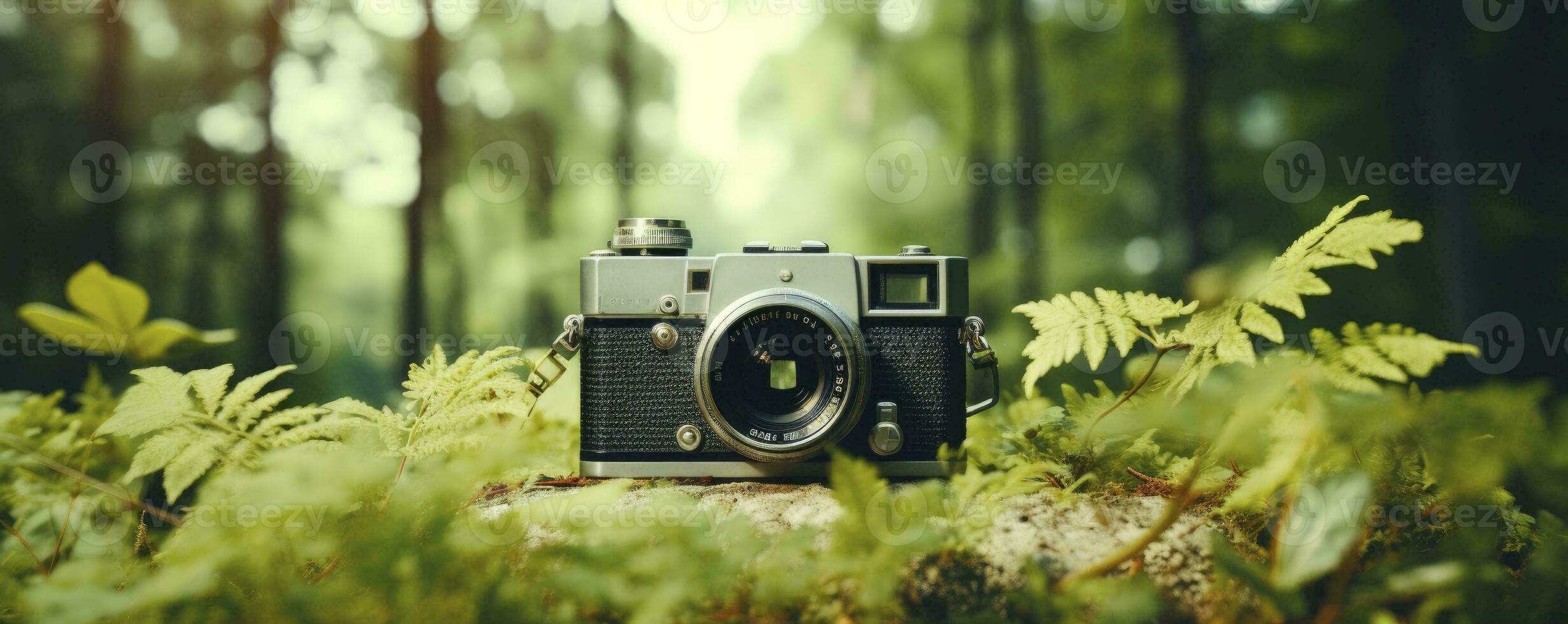 film camera with nature background, copy space, Generative AI photo